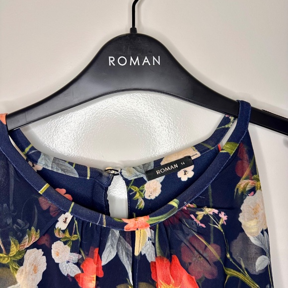 Roman, Navy Floral Chiffon Overlay Dress, Size 14 - Picture 9 of 15